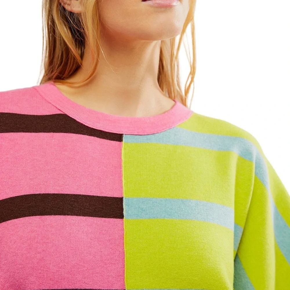 NWT Free People Uptown Stripped Pullover in Aura Lime Combo size S